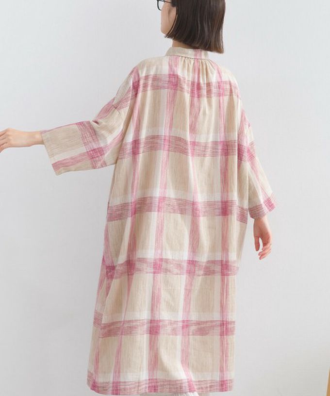 日本 Lupilien - 休閒率性格紋七分袖襯衫洋裝-粉紅x卡其