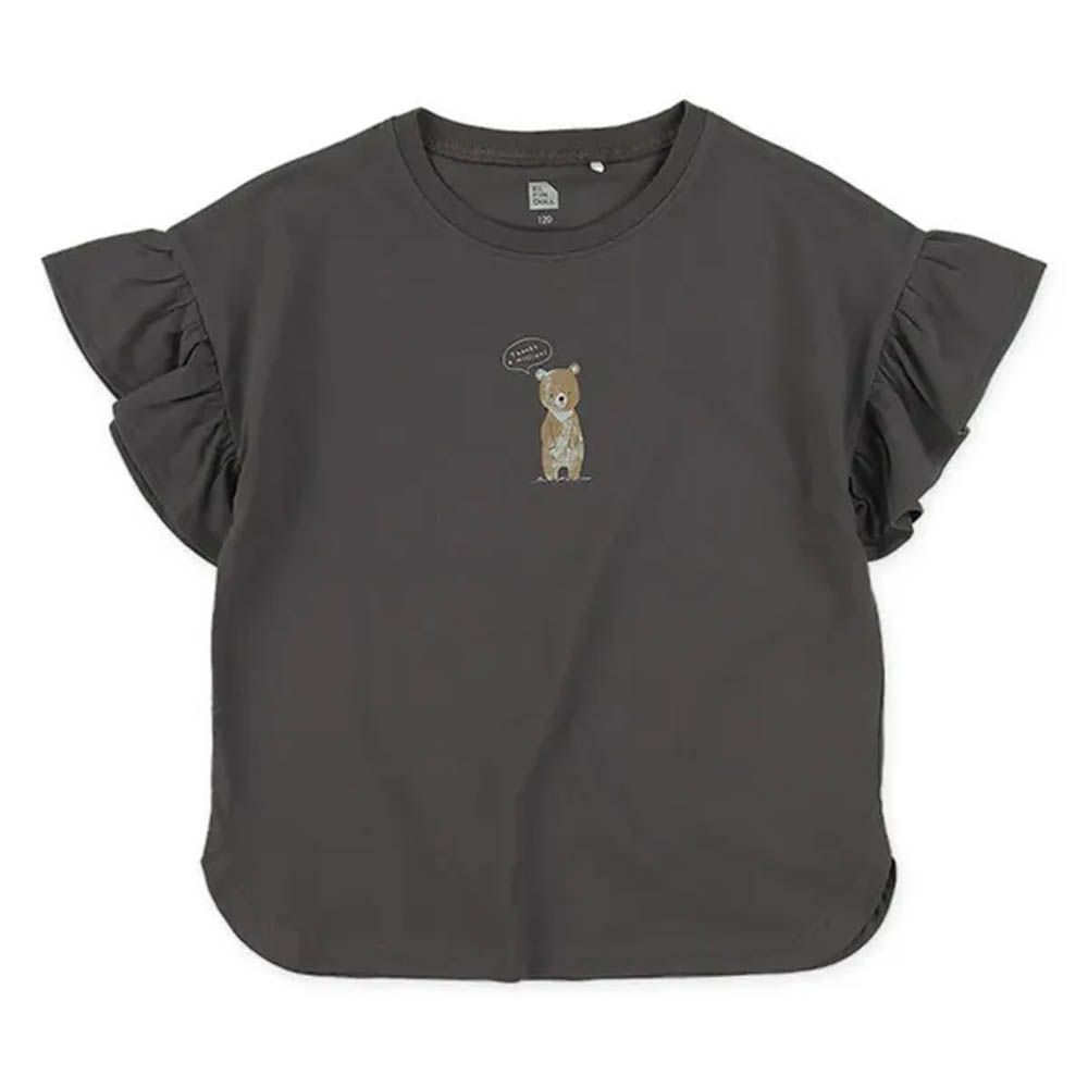 可愛女孩荷葉袖印花上衣-小熊-炭灰