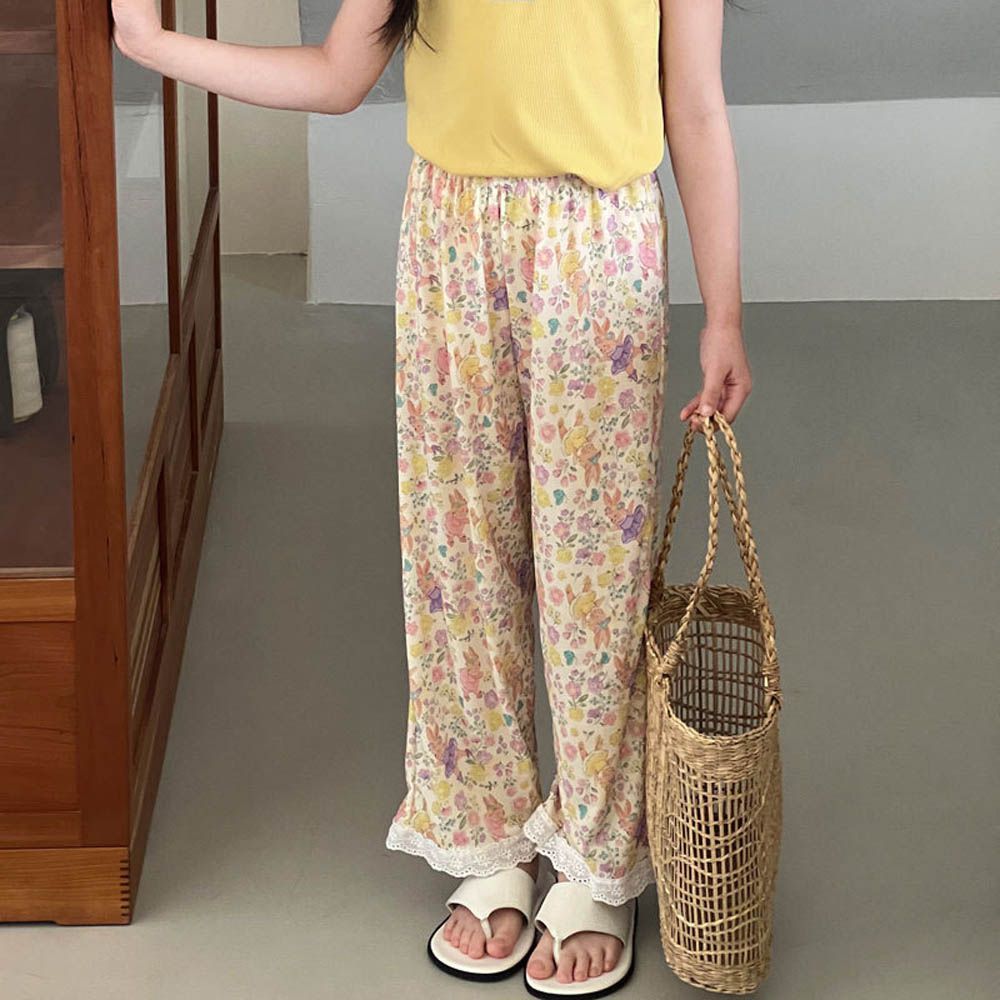 冰絲涼感蕾絲花邊九分睡褲/家居服-碎花小兔