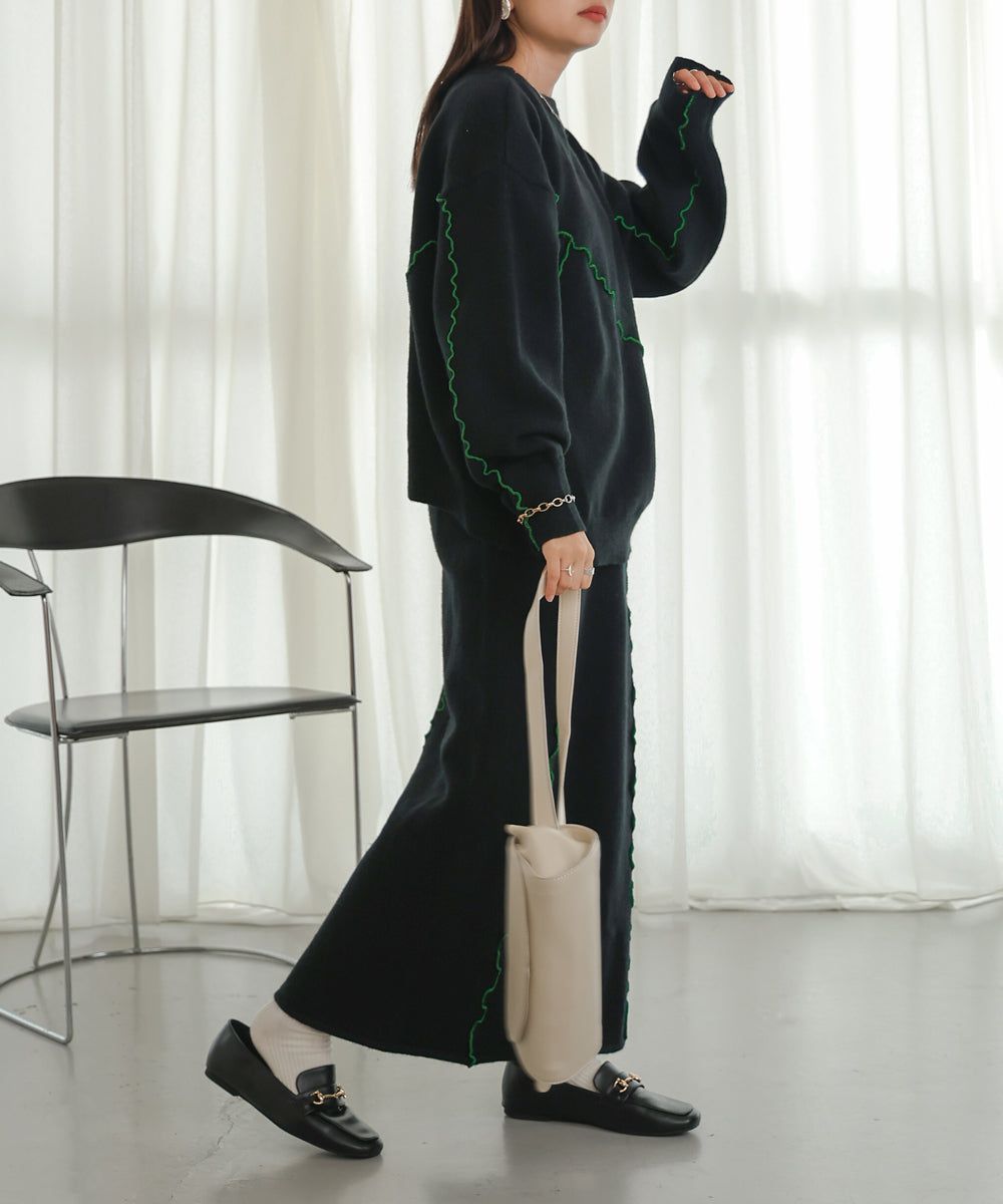 日本 Bab - 不規則撞色滾邊長袖上衣-黑x綠