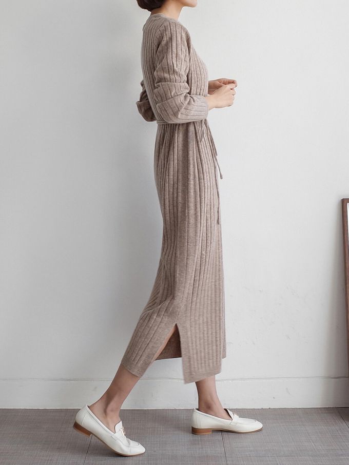 韓國女裝連線 - 喀什米爾羊毛針織連身洋裝-摩卡 (FREE)