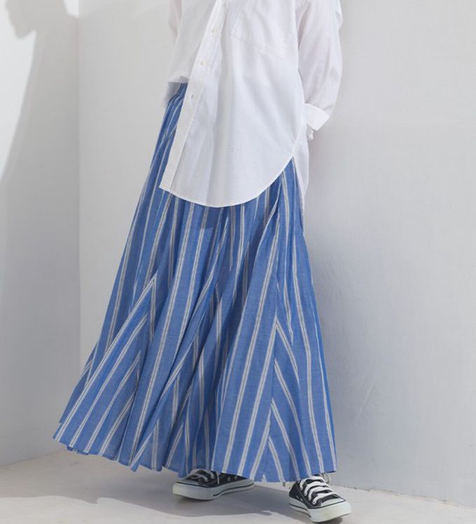 日本 OMNES - 100%印度棉 清爽飄逸長裙-綠條紋