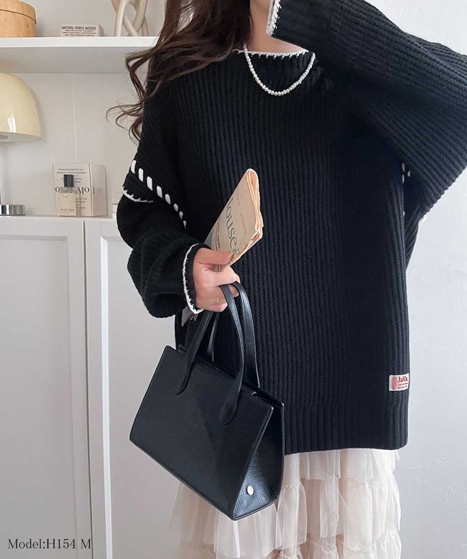 日本 Classical Elf - Java 落肩滾邊縫線粗針織長上衣-卡其x橘