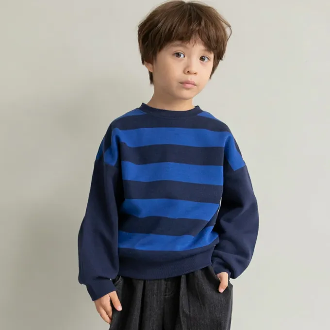 日本 BRANSHES - 裏起毛 舒適縮口長袖上衣-老虎-寶藍