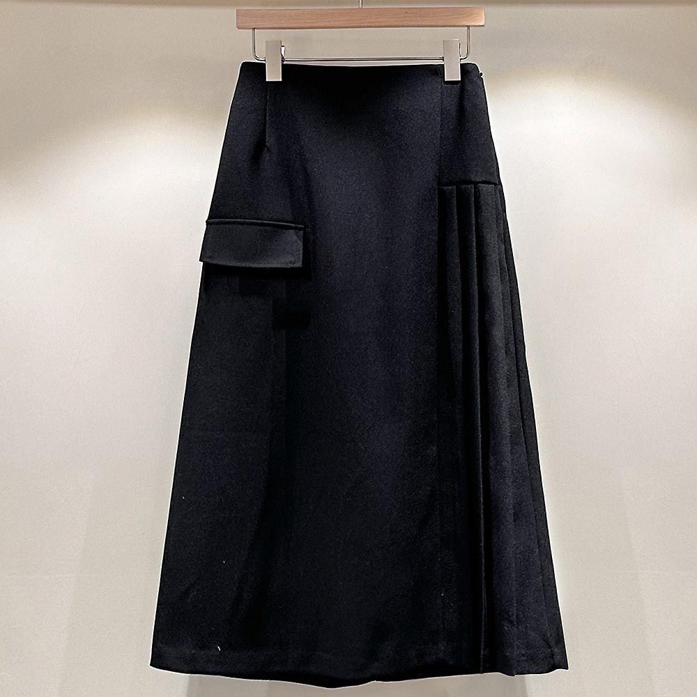 韓國女裝連線 - 後鬆緊腰抓褶設計中長裙-黑 (FREE)