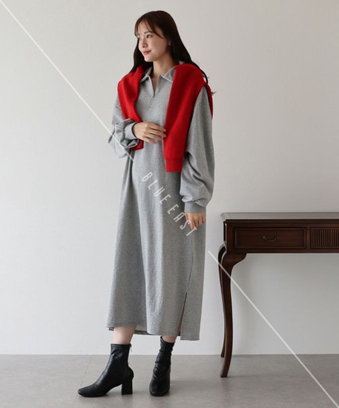 日本 BLUE EAST - 半拉鏈時尚休閒長袖洋裝-淺灰