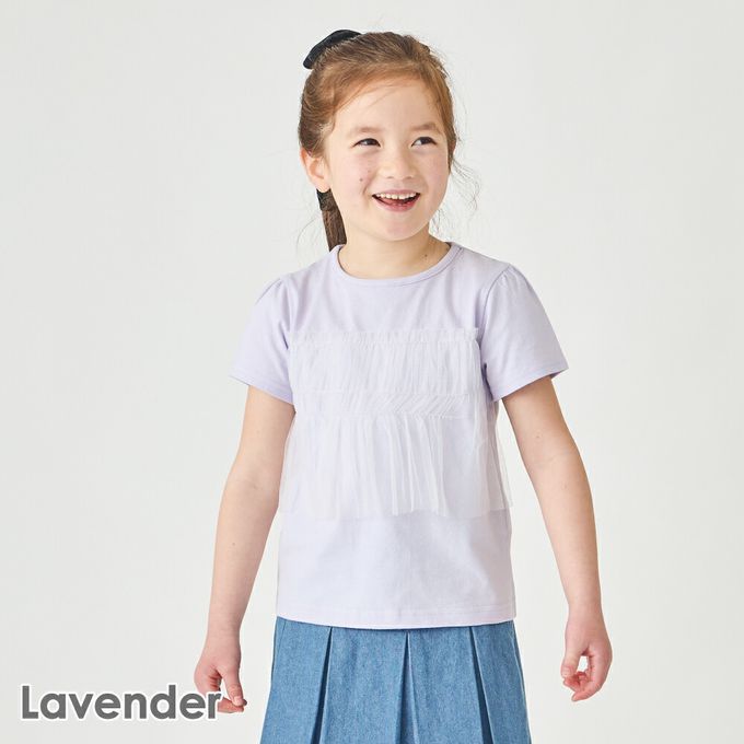 日本 evercloset - 100%棉 層次透明蕾絲短袖上衣-藍