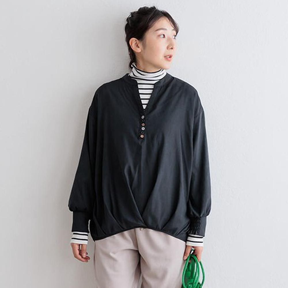 日本 ihuu - 彩色扣前短後長修身皺摺上衣-黑