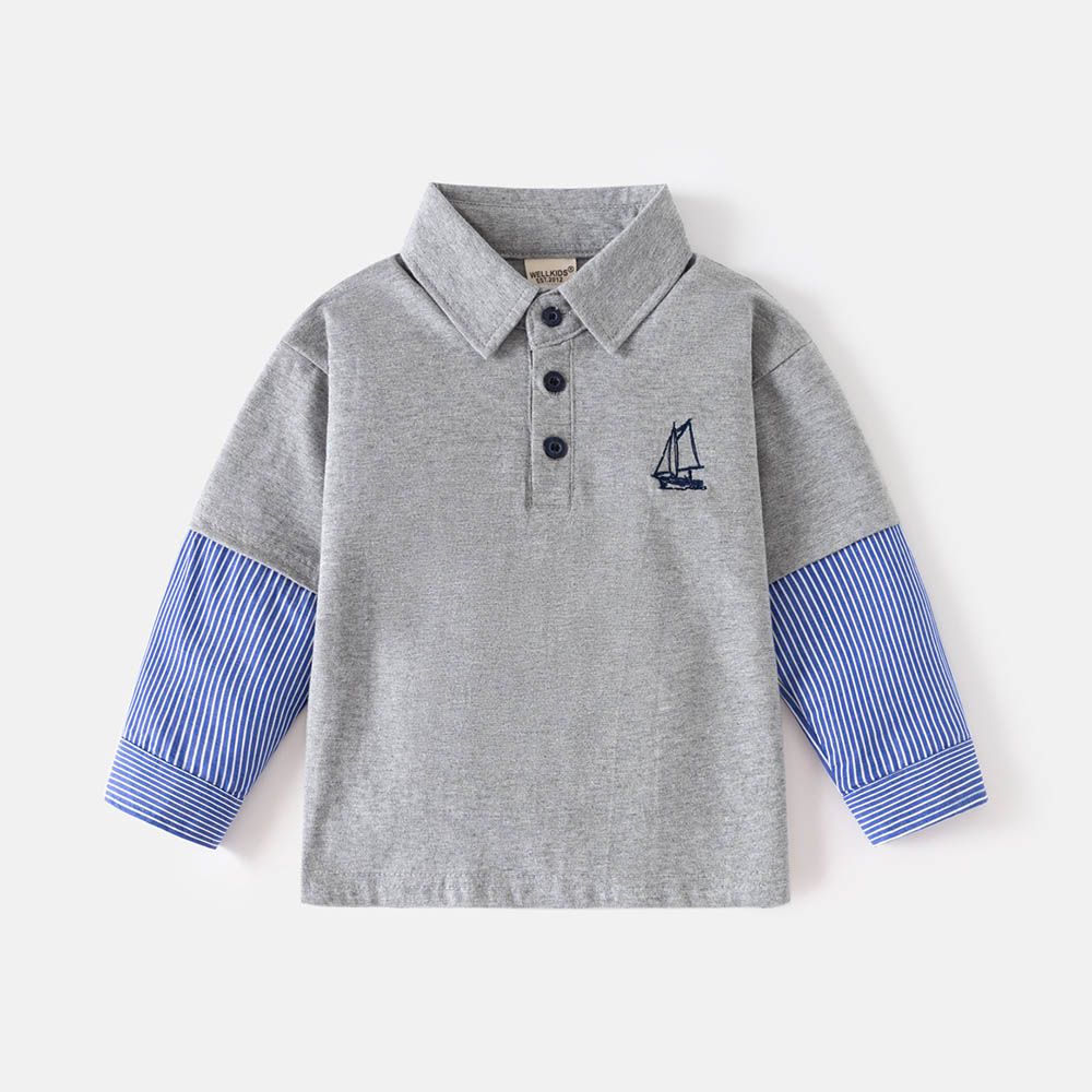 假兩件袖拼接翻領長袖上衣-帆船-灰色