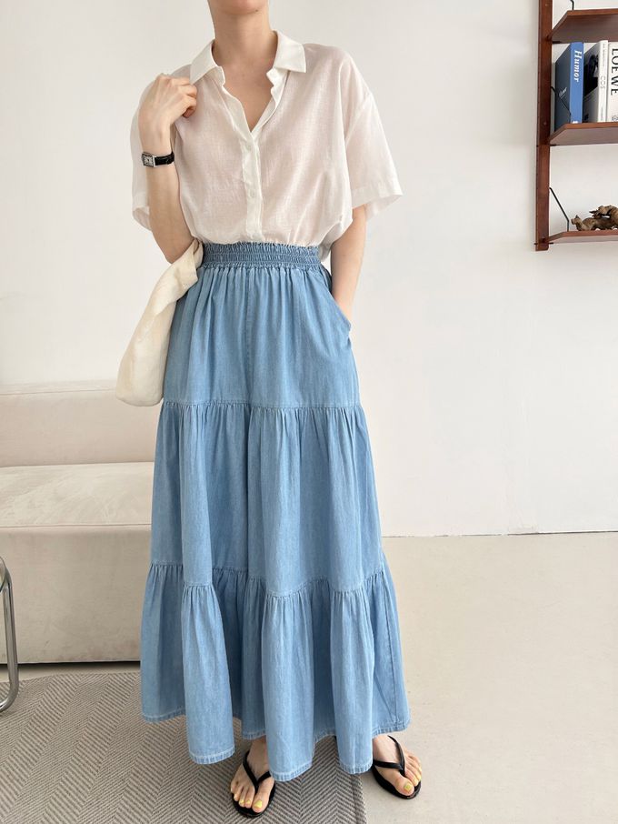 韓國女裝連線 - 鬆緊腰薄丹寧蛋糕長寬褲-中青 (FREE)