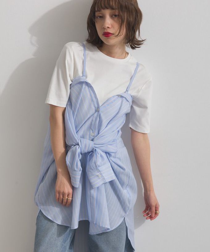 日本 ELENCARE DUE - 2way穿法輕盈透膚寬版薄襯衫-格紋-淺灰綠