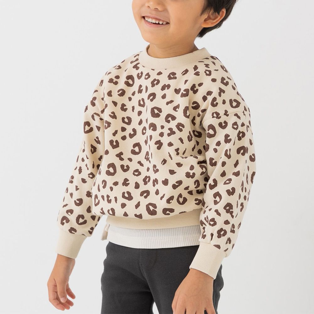 100%棉 北歐風印花裏毛長袖上衣-豹紋-奶油杏