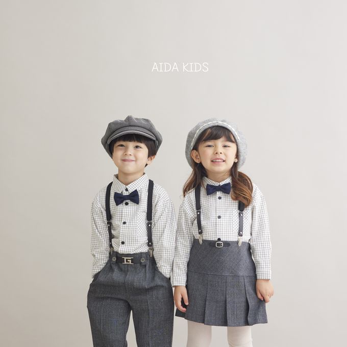 韓國 AIDA - (不含領結)簡單細格紋翻領長袖襯衫-白