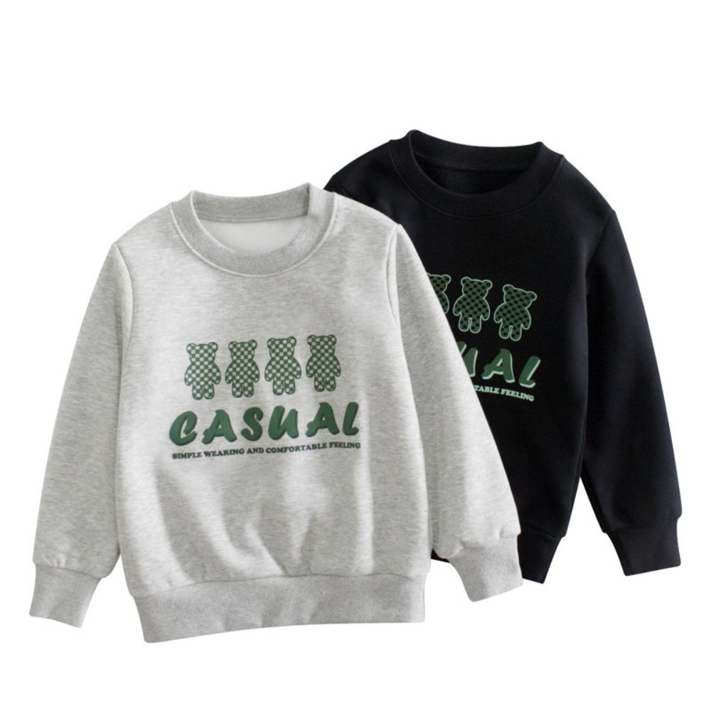 加絨圓領長袖上衣-格紋熊熊-黑色