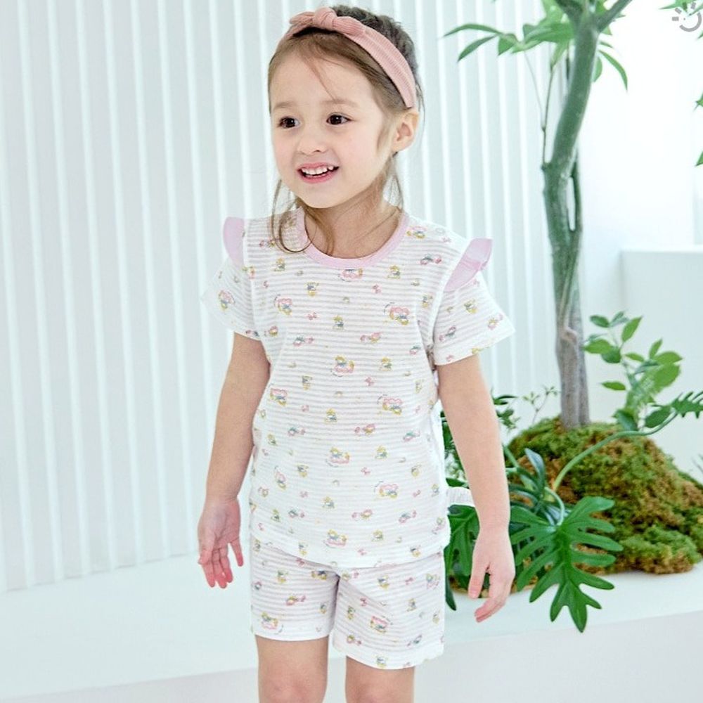 透氣條紋提花棉短袖家居服-萌萌獨角獸-米白