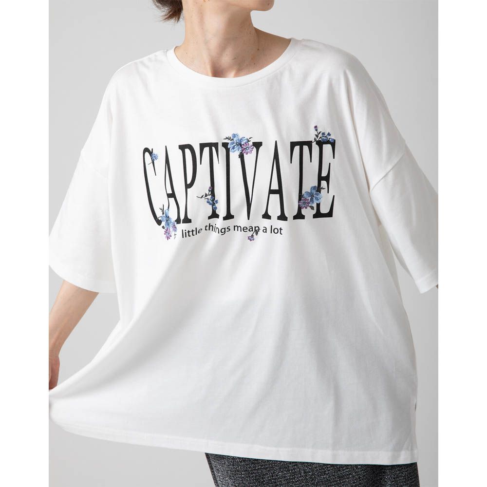 花朵刺繡英文標語天竺棉短袖T恤-白