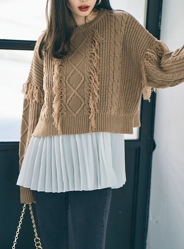 日本 GRL - 流蘇針織上衣X雪紡內搭背心兩件組-焦糖