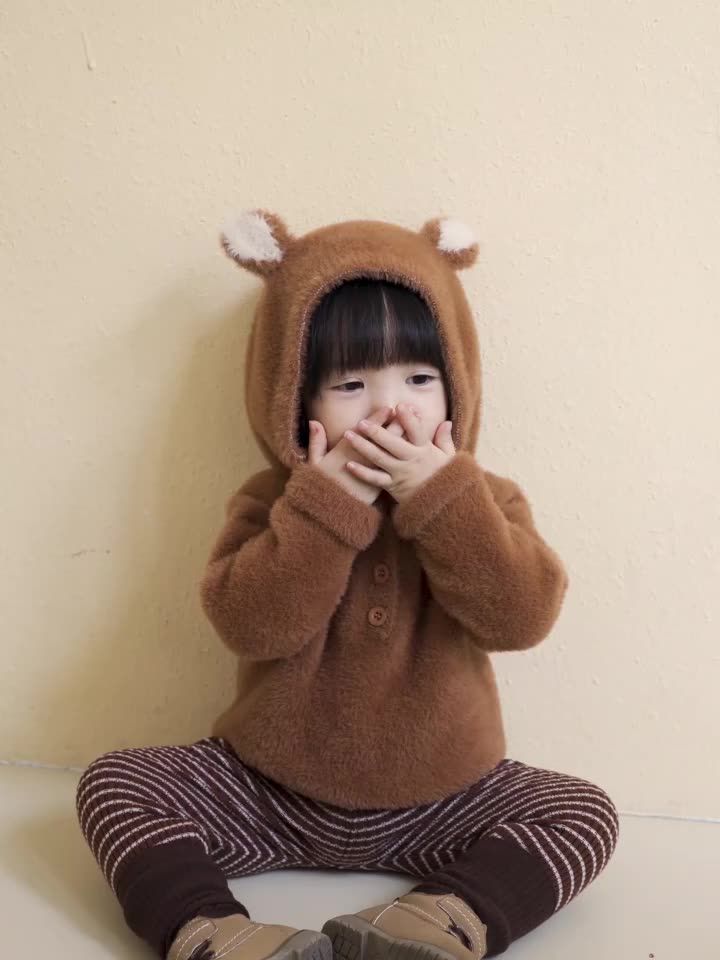 加厚連帽兒童造型上衣-熊耳朵-咖啡色