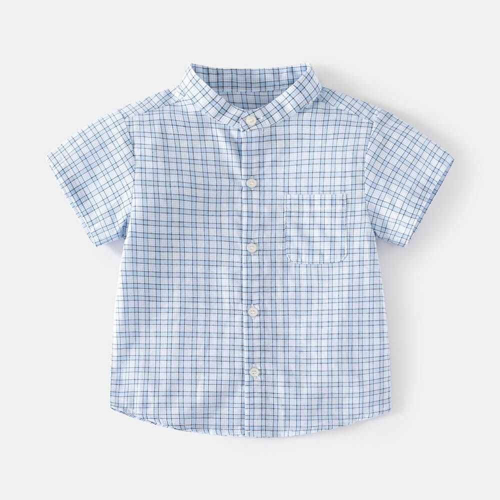 純棉休閒立領短袖襯衫-格子-藍色