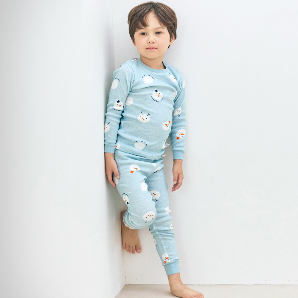 親膚舒絨棉彈性長袖家居服-童趣雪人-天藍