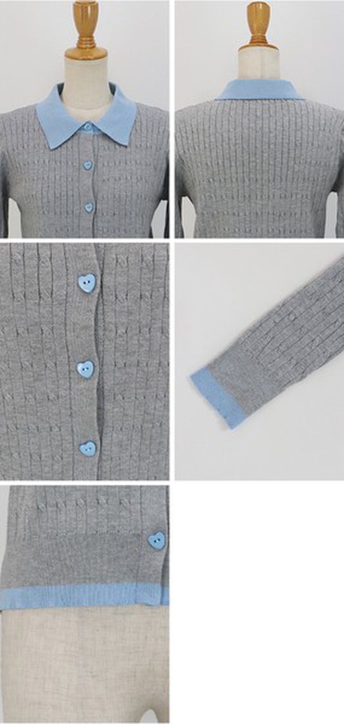 日本 BLUE EAST - 愛心扣雙色polp領麻花開襟衫-海軍藍