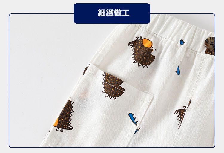 WELLKIDS - 腰鬆緊休閒五分褲-刺刺恐龍-軍綠色