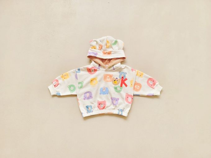 韓國 Mimico - 童趣多彩熊熊印連帽長袖上衣-象牙白