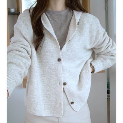 韓國女裝連線 - 超細羊毛無縫針織連帽外套-燕麥米 (FREE)