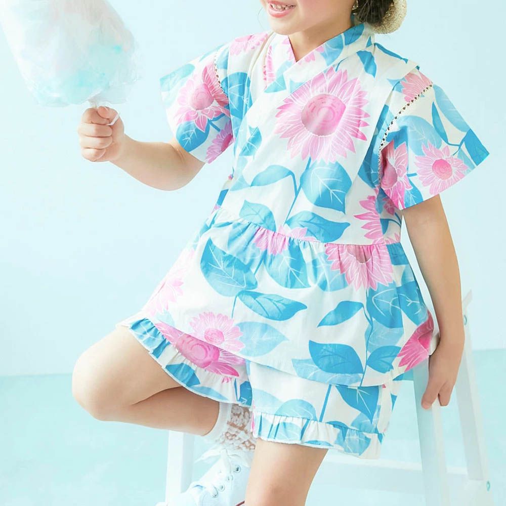 [推薦]夢幻女孩荷葉邊甚平套裝-向日葵-白