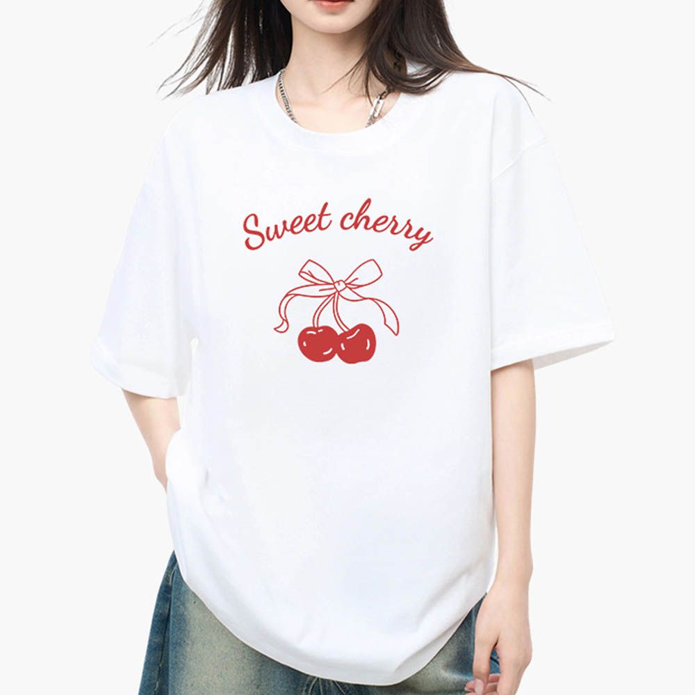 純棉寬版印花T恤-紅色櫻桃-白色