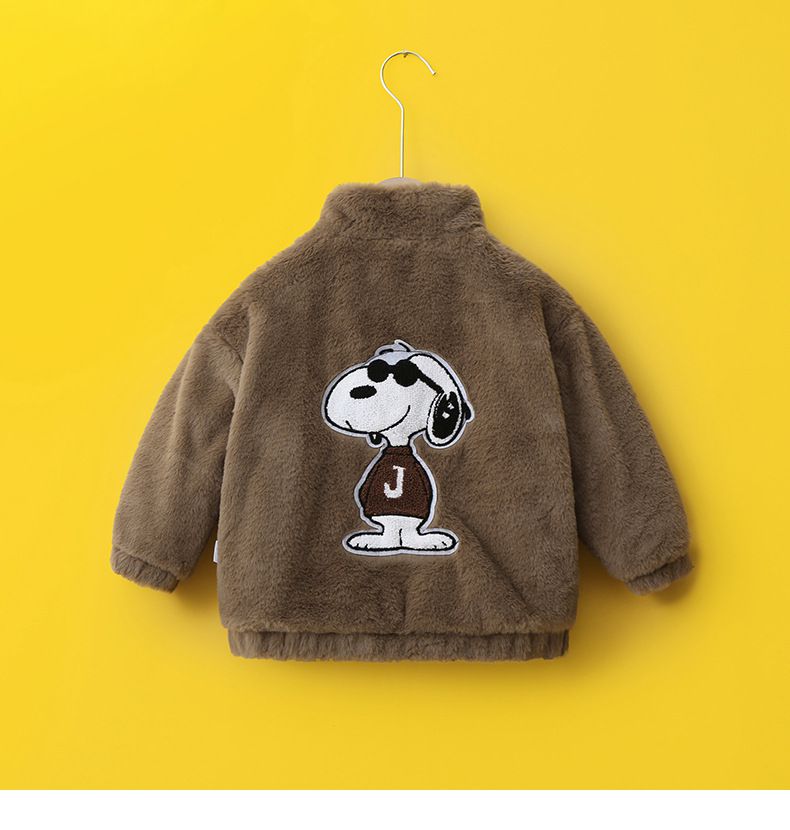 卡通人物史努比加厚毛絨絨半高領外套-SNOOPY戴墨鏡-杏色