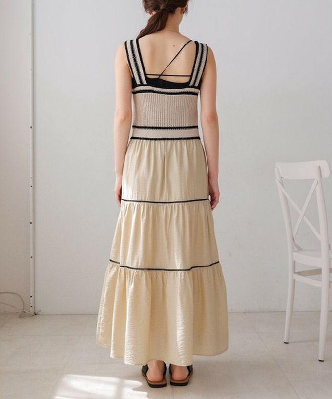 日本 Bab - 純棉針織拼接渡假風無袖洋裝-淺米杏