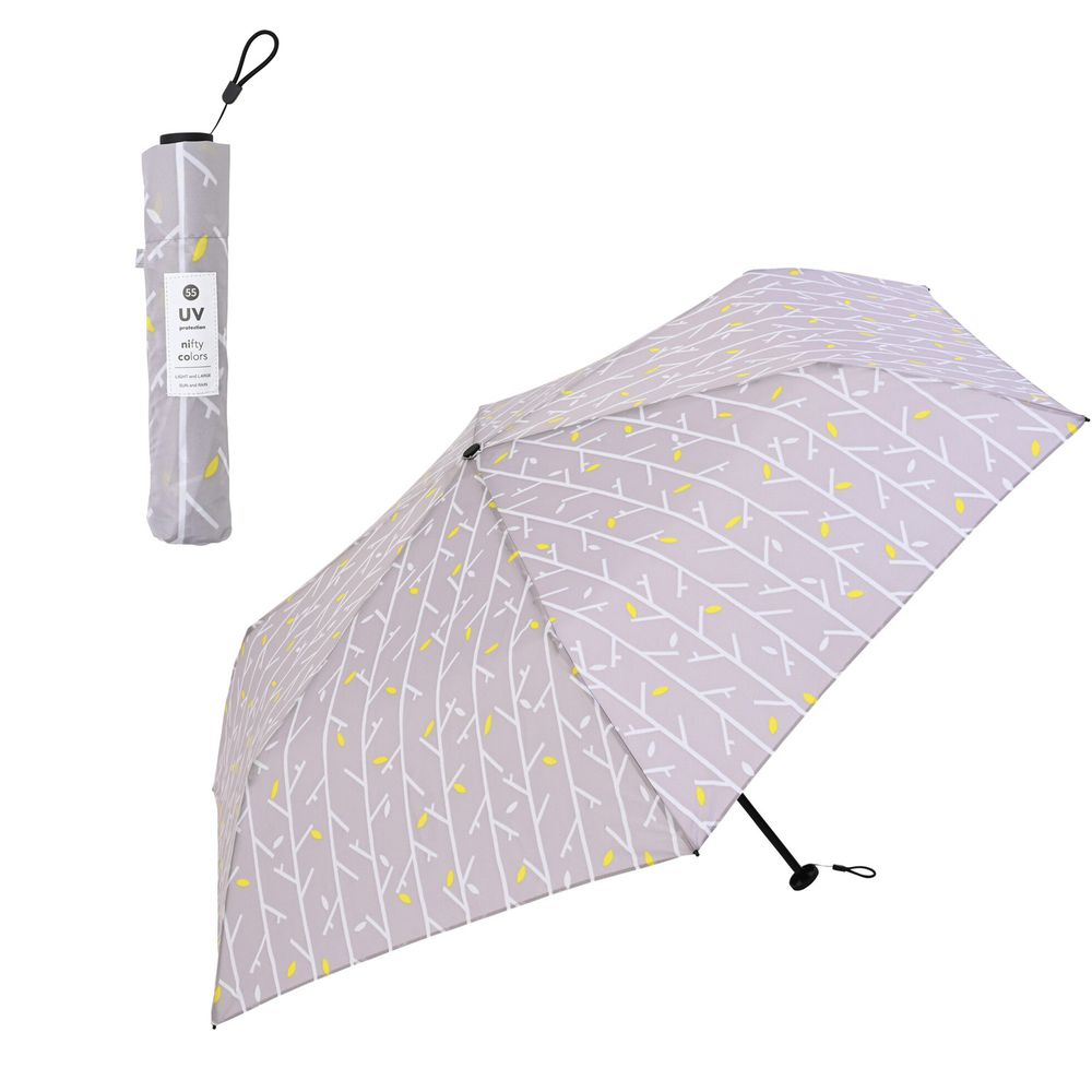 日本 nifty colors - 抗UV輕量 晴雨兩用折疊傘-春意枝枒-淺灰 (直徑98cm/131g)-93.6%