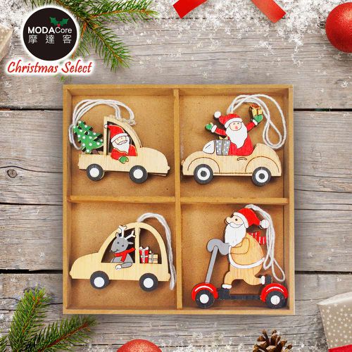 MODACore 摩達客 - 摩達客耶誕-Q版小汽車車木質彩繪(單面)吊飾-聖誕老公公+麋鹿混款16入(8入*2盒裝)