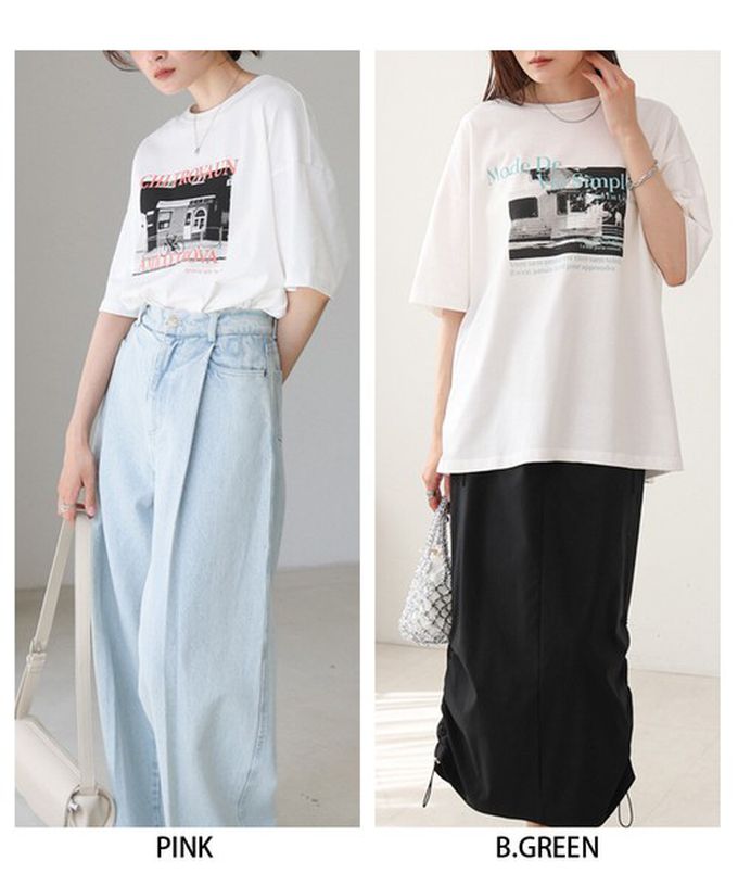 日本 Bab - 100%棉 極簡照片印花五分袖上衣-杏底綠字 (M)