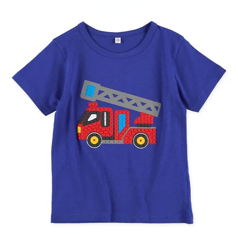 立體發泡印花短袖上衣-消防車-寶藍