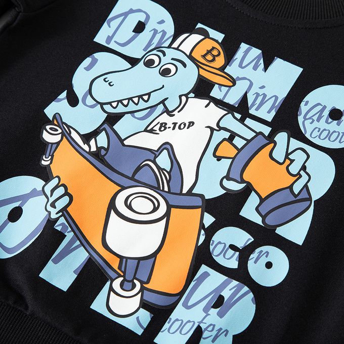 純棉圓領長袖上衣/大學T-嘻哈滑板恐龍-黑色