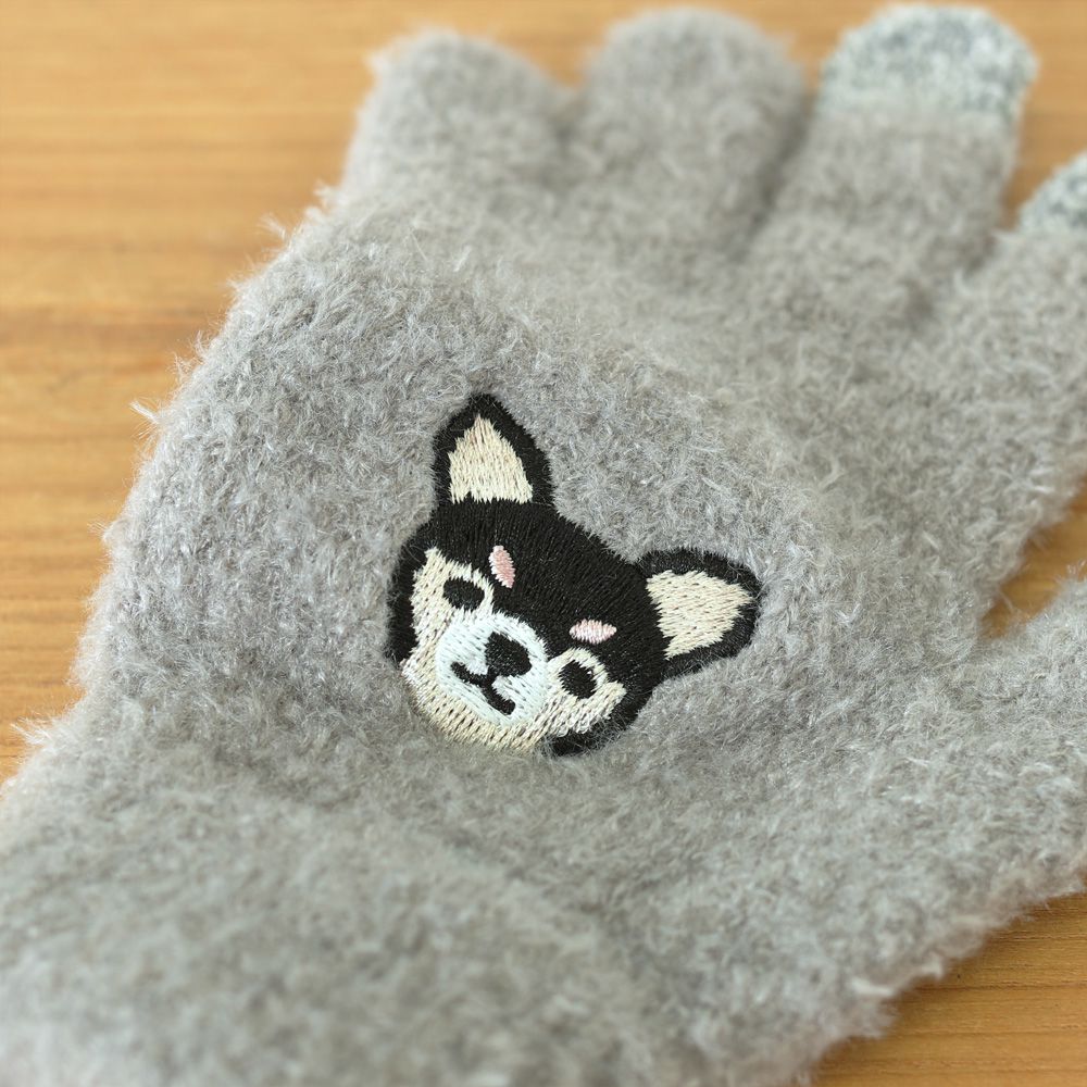 日本 TOMO - (大人)可觸控可愛動物毛絨保暖手套-黑吉娃娃-灰