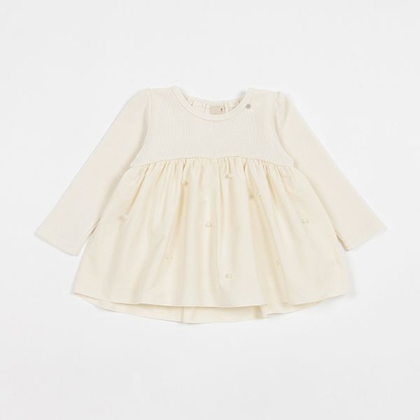 日本 petit main - 珍珠點綴傘狀拼接長袖上衣-淺粉