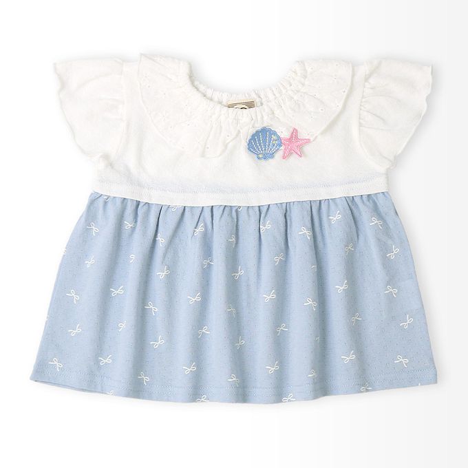 日本 ZOOLAND - 貝殼蕾絲領緹花短袖上衣-蝴蝶結印花-粉紅