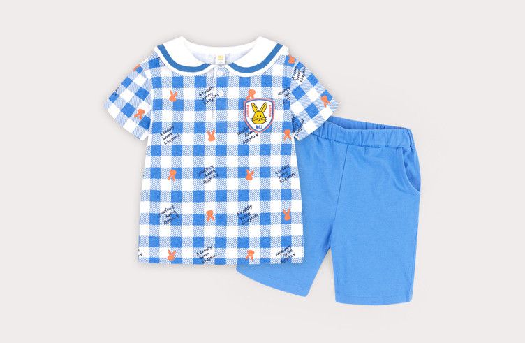 韓國 HEJMINI - 兔子徽章格子套裝-藍