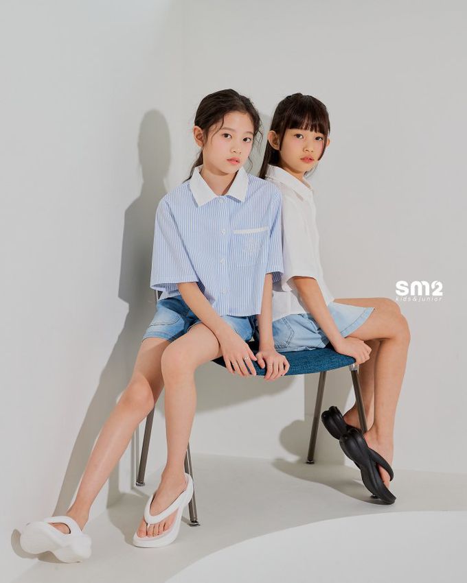 韓國 sm2 - 單口袋短版翻領襯衫-直紋-藍