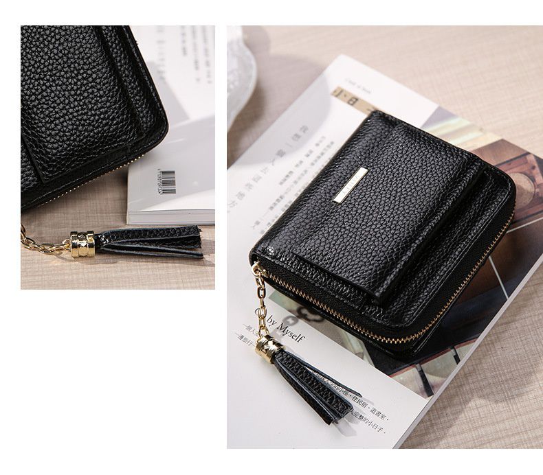 真皮質感流蘇拉鏈短夾-黑色 (11x10x3cm)