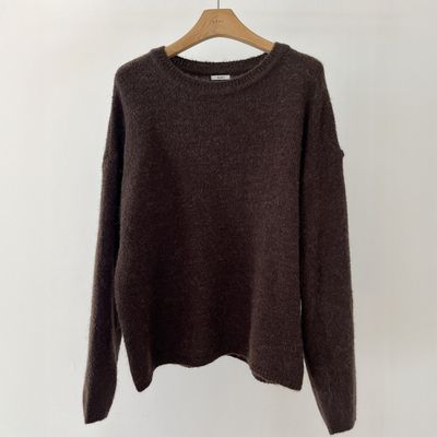 韓國女裝連線 - 知性風落肩混羊毛長袖針織衫-深棕 (FREE)