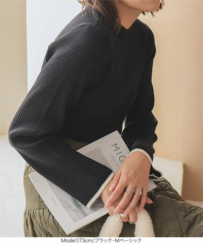 日本 Kobe Lettuce - 美型羅紋袖撞色針織上衣-(可選袖型)-黑底條紋