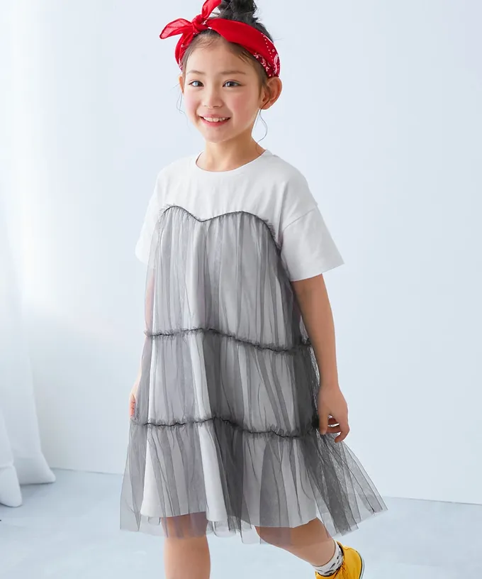 日本 devirock - 柔軟薄紗拼接甜美短袖洋裝-粉紫