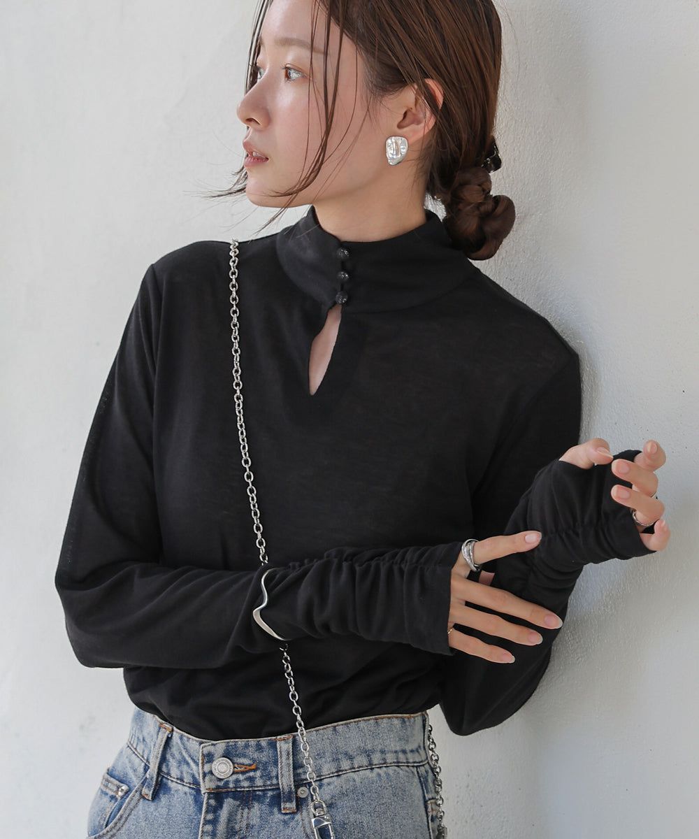 日本 Bab - 2WAY立領排扣薄長袖上衣-淺綠