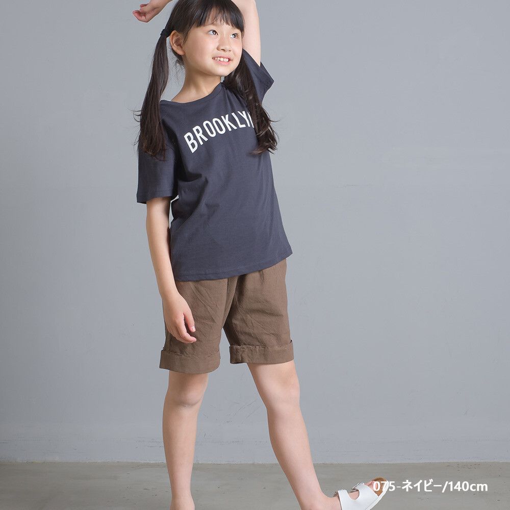 日本女裝代購 - 棉麻舒適透氣印花短袖上衣(兒童)-粉杏