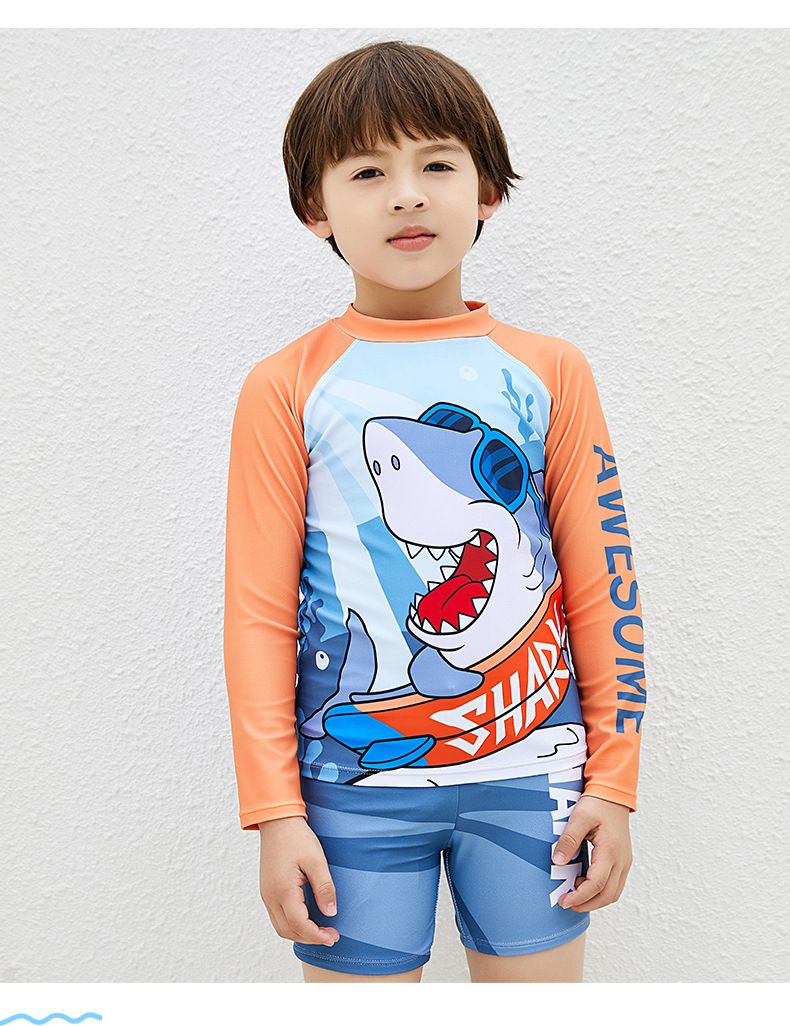 男寶童趣卡通圖長袖泳衣套裝(三件組)-墨鏡鯊魚-灰藍+橘-泳帽、泳衣、泳褲