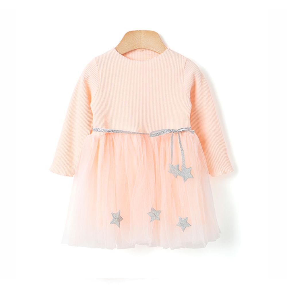 韓國 OZKIZ - 銀色星星針織網紗拼接洋裝-粉紅